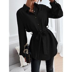 long sleeve Button down Belted tunic length Shirt black